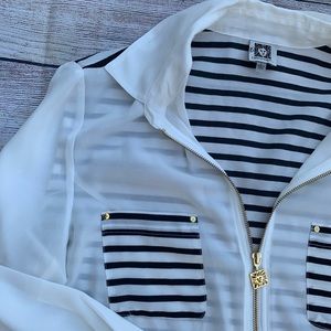 Anne Klein Zip Striped Long Sleeve Blouse